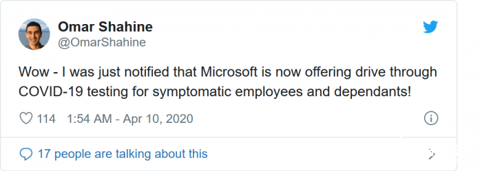 微软宣布为员工及其家属提供免下车新冠病毒检测服务